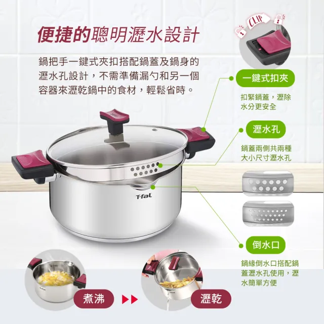 【Tefal 特福】香頌不鏽鋼系列聰明瀝水24CM雙耳湯鍋(加蓋)