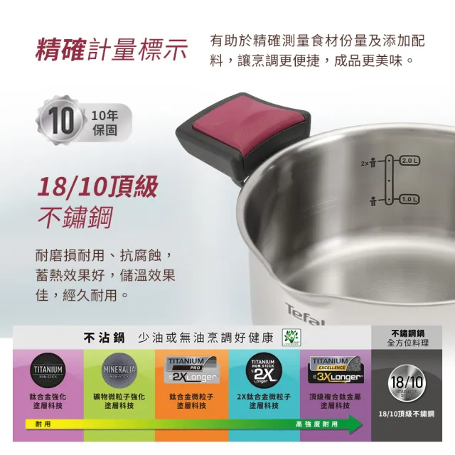 【Tefal 特福】香頌不鏽鋼系列聰明瀝水20CM雙耳湯鍋(加蓋)