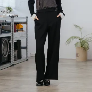 【CUMAR】日型帶頭腰飾彈性直筒長褲(藍 黑 咖)