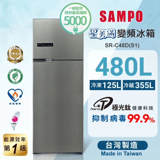 【SAMPO 聲寶】480公升一級星美滿極光鈦旗艦變頻系列雙門冰箱(SR-C48D-S1)