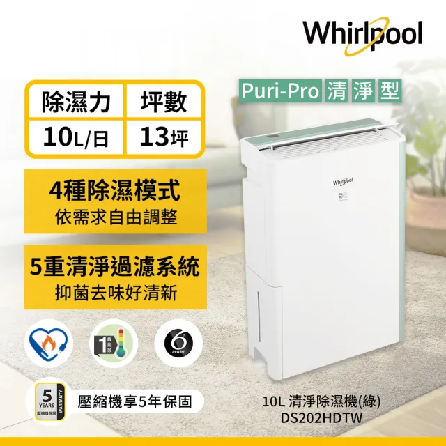 【Whirlpool 惠而浦】一級能效10公升第六感智能清淨除濕機(DS202HDTW)