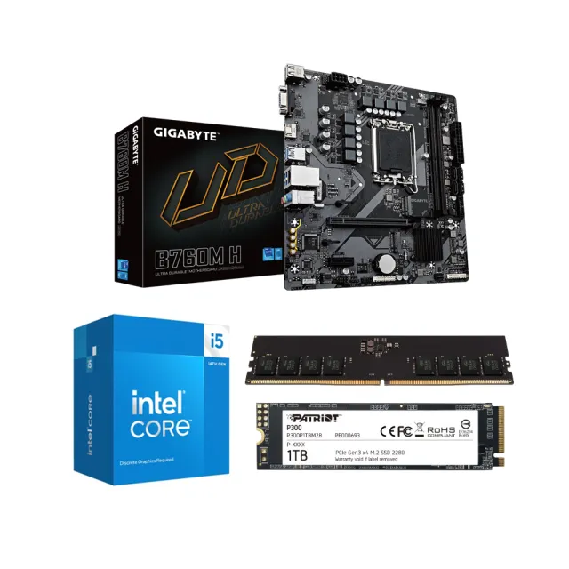 【GIGABYTE 技嘉】B760M H + Intel i5-14400F + 十銓16G D5-5600 + 博蒂P300 1TB SSD(技嘉B760M超值組合包)