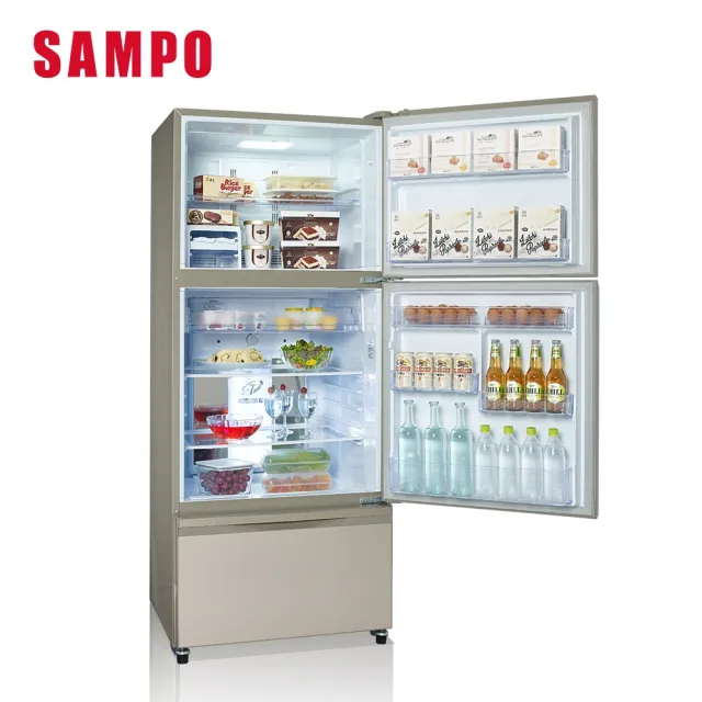 【SAMPO 聲寶】530公升一級能效極光鈦AIE全平面玻璃系列變頻右開三門冰箱(SR-C53GDV-Y3)