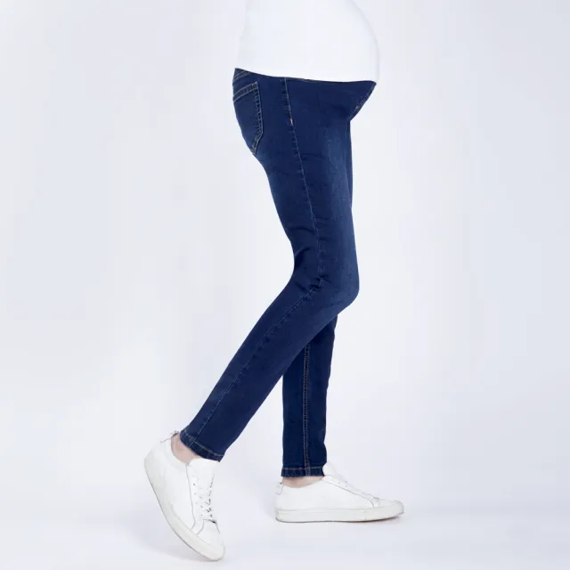 【Gennies 奇妮】彈力刷色牛仔褲-深藍(孕婦褲 長褲 窄管 後雙口袋 一體成型 無痕褲頭)