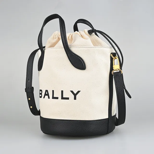 【BALLY】BALLY BAR字母LOGO織物拼皮革束口手提斜背兩用包(米白x黑)