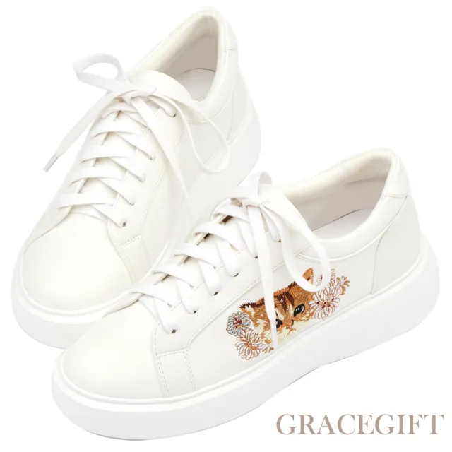 追跡有★Grace Gift × Paul＆Joe 本革 猫 ホワイト スニーカー 追跡有☆Grace Gift × Paul＆Joe 本革 猫 ホワイト スニーカー