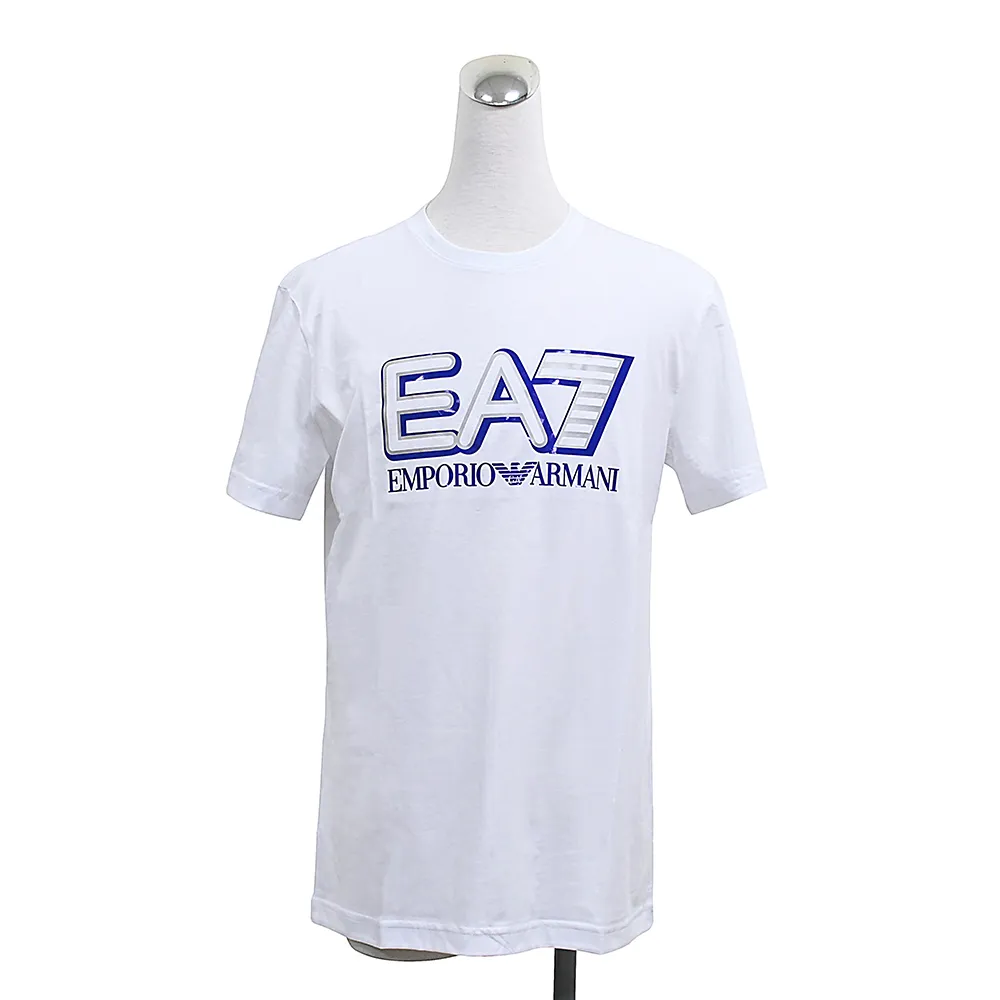 【EMPORIO ARMANI】EMPORIO ARMANI EA7撞色印花LOGO棉質圓領短袖T恤(男款/白x藍字)