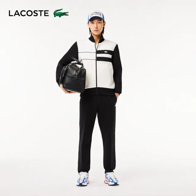 【LACOSTE】男裝-法國製 黑白撞色巴黎拉鍊夾克(黑/白配色)