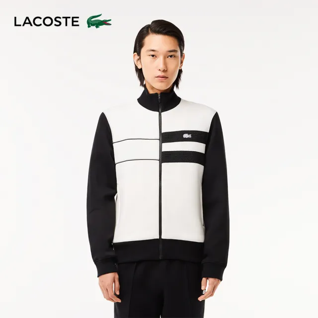 【LACOSTE】男裝-法國製 黑白撞色巴黎拉鍊夾克(黑/白配色)