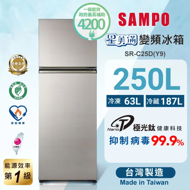 【SAMPO 聲寶】250公升一級星美滿極光鈦變頻系列雙門冰箱(SR-C25D-Y9)