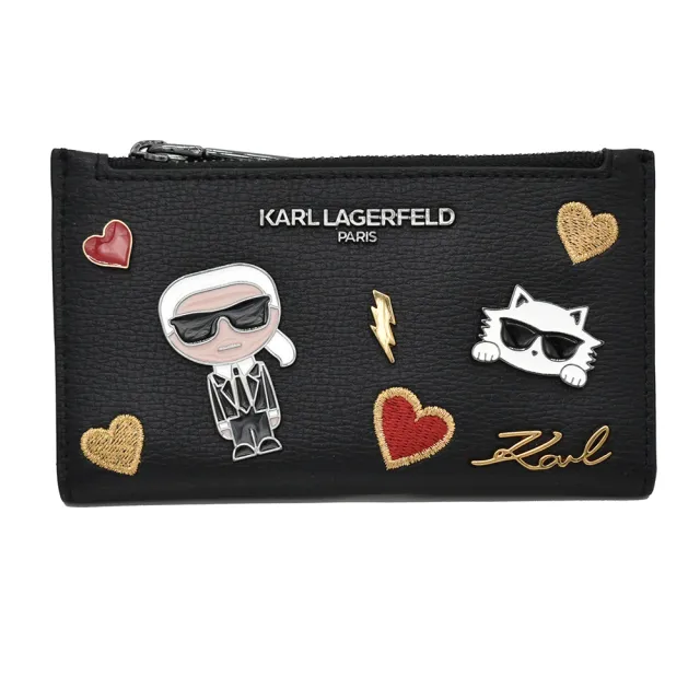 【KARL LAGERFELD 卡爾】卡爾老佛爺人像貓咪皮革金屬飾邊拉鍊零錢卡夾