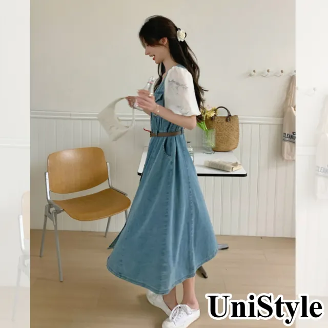【UniStyle】短袖洋裝 韓系泡泡袖牛仔拼接收腰連身裙 女 ZMC098-819(牛仔藍)