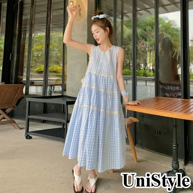 【UniStyle】格紋無袖洋裝 韓系撞色清新甜美風 女 ZM166-7701(天藍)