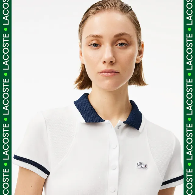 【LACOSTE】女裝-法國製造條紋網眼短袖Polo衫(白色)