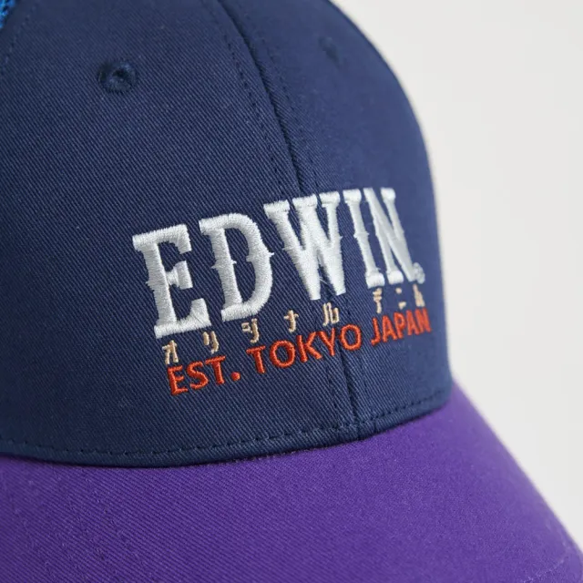 【EDWIN】男女裝 電繡印花棒球網帽(丈青色)