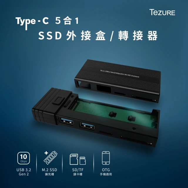 TeZURE 五合一USB Type-C SSD外接盒擴充轉接器(M.2 SSD/USB3.2 Gen2/USB-A/SD/TF讀卡槽)