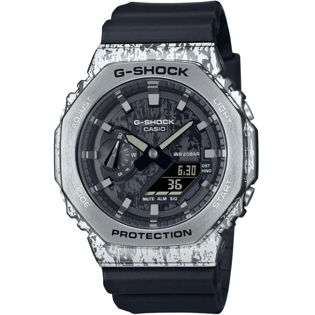 CASIO 卡西歐 G-SHOCK 搖滾風潮八角錶殼耐衝擊運動雙顯腕錶/黑x銀框(GM-2100GC-1A)