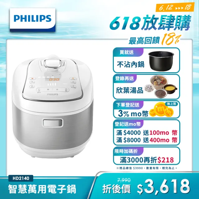 【Philips 飛利浦】智慧萬用電子鍋/壓力鍋/萬用鍋 HD2140 紫小萬/白小萬