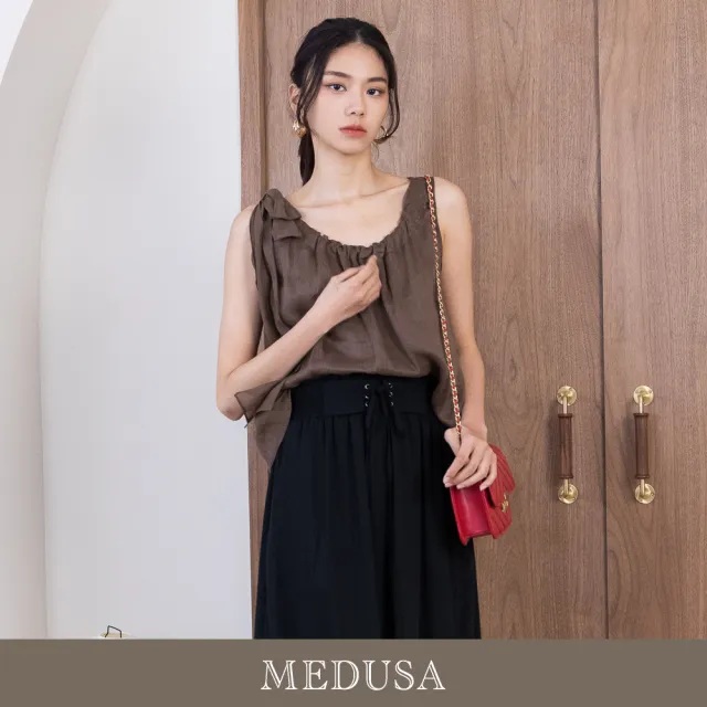 【MEDUSA 曼度莎】現貨-蝴蝶結綁肩亞麻上衣 - 2色（M-XL）｜女休閒上衣 亞麻涼感上衣(305-52701)