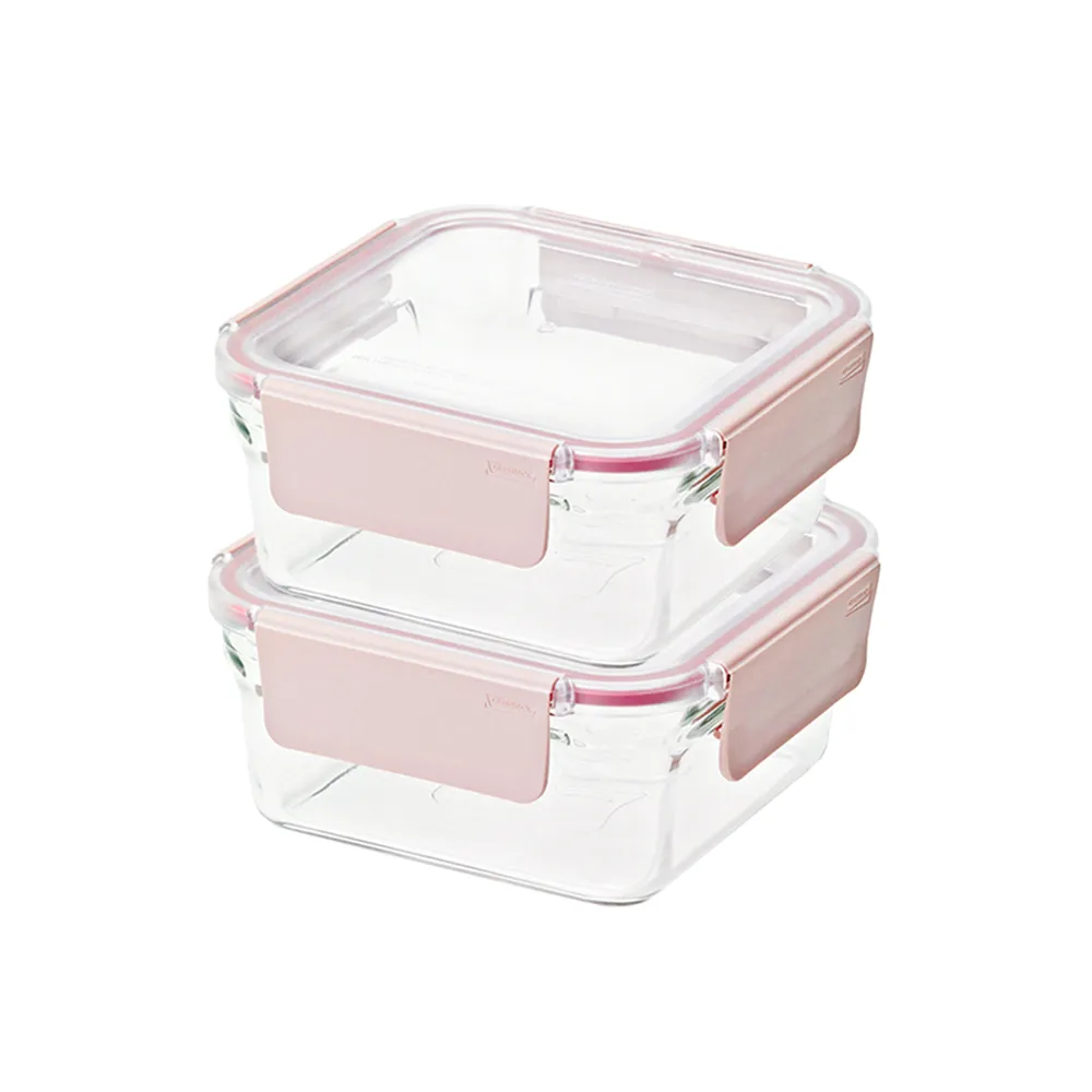 【Glasslock】韓國製烤箱可用強化玻璃櫻花粉保鮮盒-正方形1130ml二入組