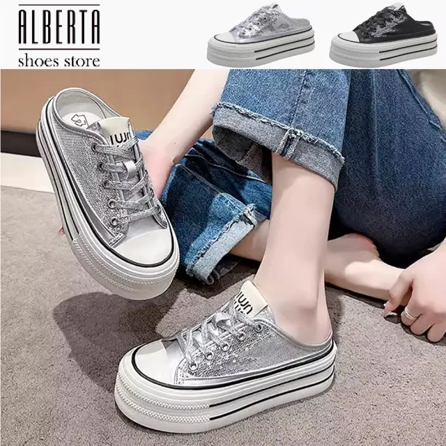 【Alberta】跟高5cm 厚底亮片包頭拖鞋 平底半拖休閒時尚增高鞋 涼拖鞋 2色