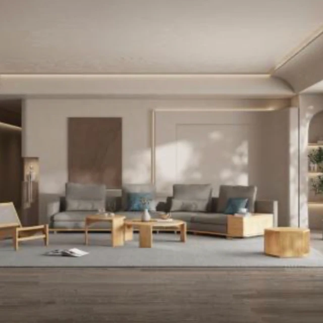 文創集 多優柚木色亞麻布L型實木沙發椅(四人座＋椅凳組合)優