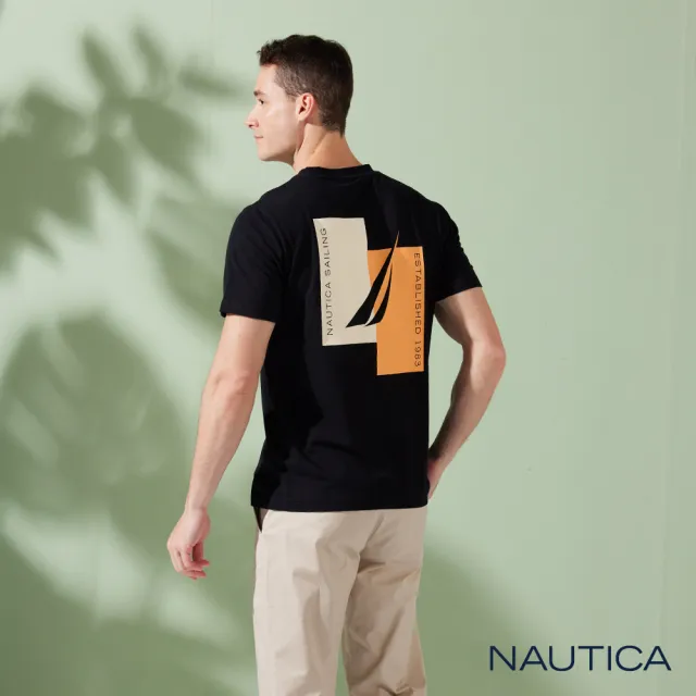 【NAUTICA】男裝 撞色拼接LOGO休閒短袖T恤(黑色)