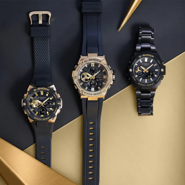 【CASIO 卡西歐】G-SHOCK 藍牙連線 時尚黑金 太陽能雙顯腕錶 送禮推薦 禮物(GST-B500BD-1A9)