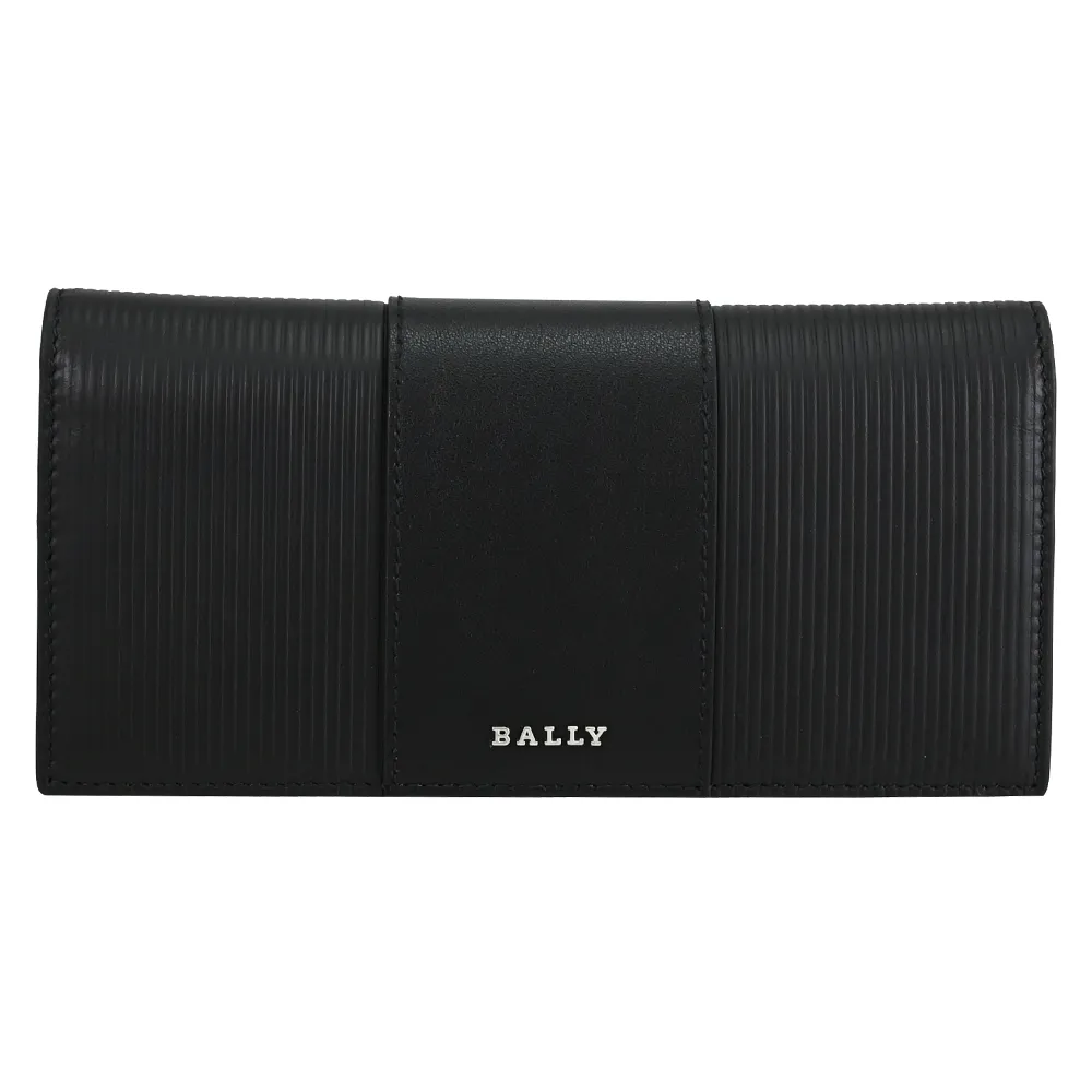 【BALLY】LIGOS 簡約金屬LOGO條紋小牛皮多卡對折零錢長夾(黑)