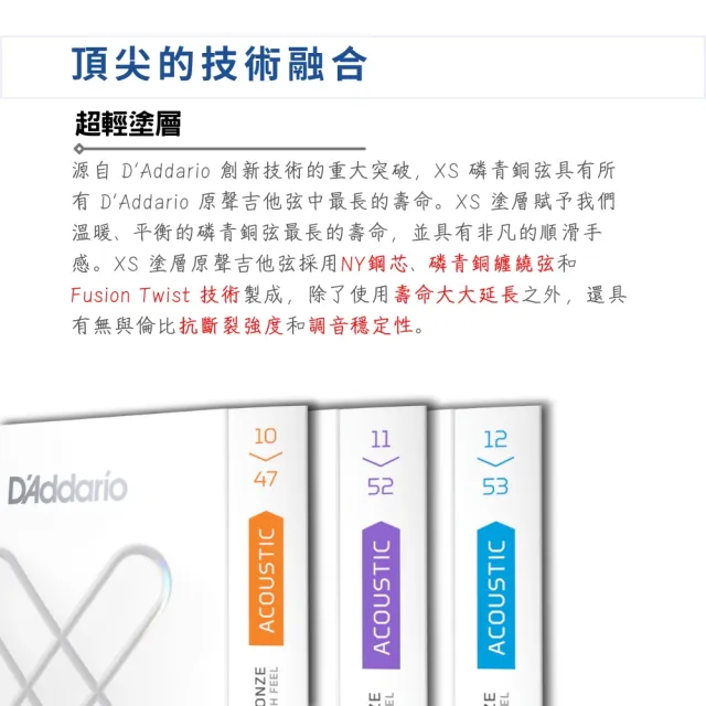 【D’Addario】卓越品質首選 XS薄膜塗層磷青銅木吉他弦／XSAPB(民謠吉他弦 結他弦 Strings 包膜弦 防鏽弦)