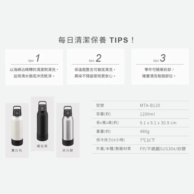 【TIGER 虎牌】大容量手提彈蓋不鏽鋼保冷瓶 1200ml(MTA-B120)