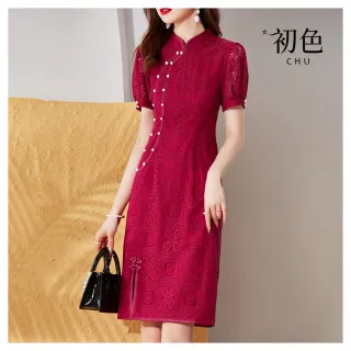 【初色】復古風蕾絲立領短袖改良式旗袍連衣裙連身洋裝-紅色-34828(M-2XL可選)