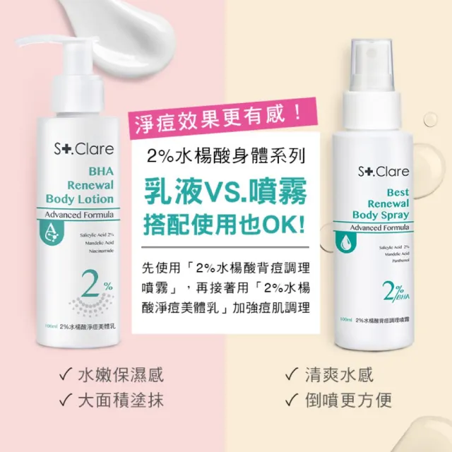 【St.Clare 聖克萊爾】2%水楊酸背痘調理噴霧100mlx2入(去角質/淨痘/美背)
