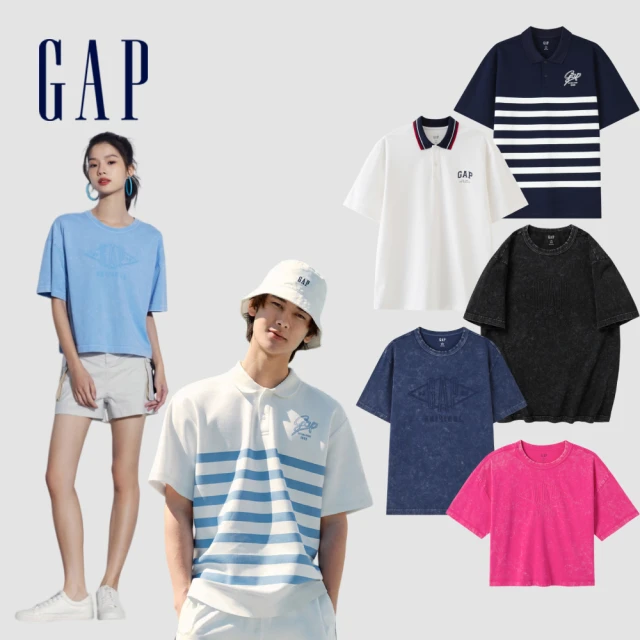 GAP 男女同款 Logo純棉圓領短袖T恤 水洗棉系列-黑色(463153)