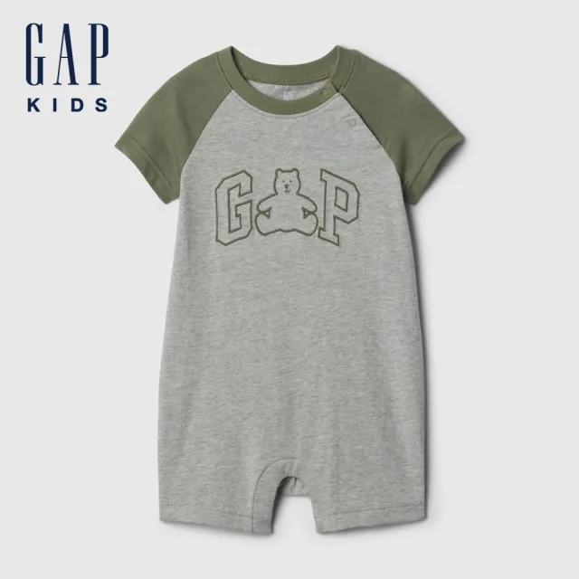 【GAP】嬰兒裝 Logo純棉小熊刺繡圓領短袖包屁衣/連身衣-灰綠拼接(427966)