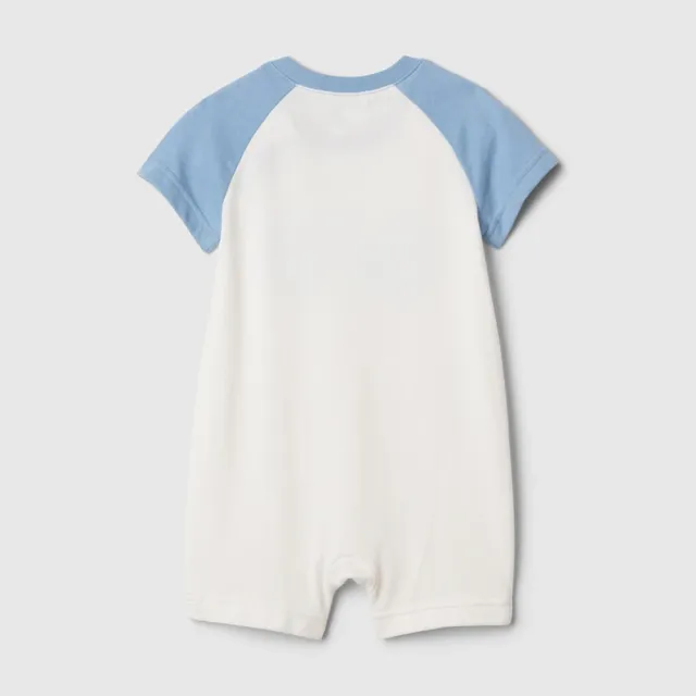 【GAP】嬰兒裝 Logo純棉小熊刺繡圓領短袖包屁衣/連身衣-藍白拼接(427966)