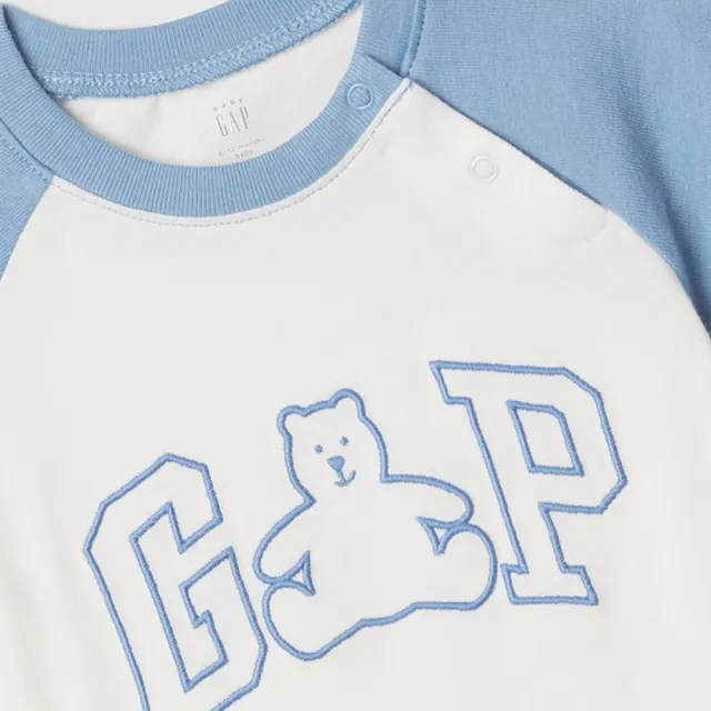 【GAP】嬰兒裝 Logo純棉小熊刺繡圓領短袖包屁衣/連身衣-藍白拼接(427966)