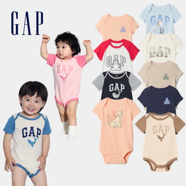 GAP 嬰兒裝 Logo純棉小熊印花圓領短袖包屁衣-象牙白(402477)