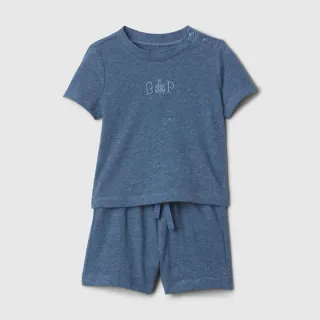 【GAP】嬰兒裝 Logo純棉小熊刺繡圓領短袖短褲家居套裝-深靛藍色(409203)