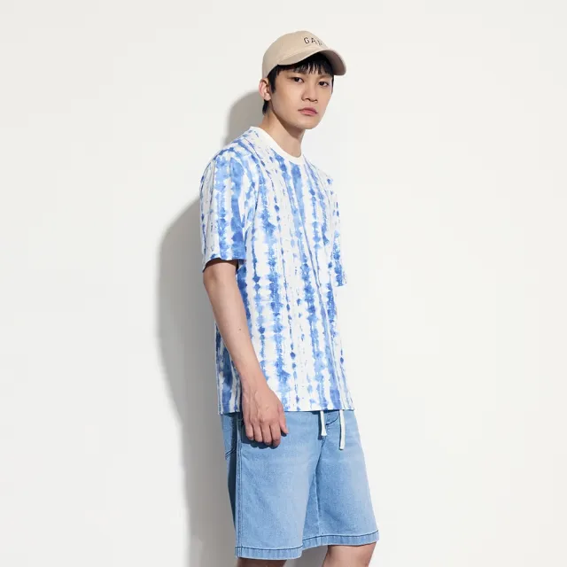 【GAP】男女同款 純棉圓領短袖T恤 親膚系列-藍白拼色(463212)