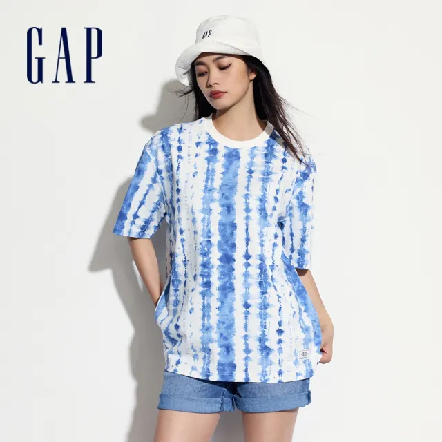 【GAP】男女同款 純棉紮染圓領短袖T恤 親膚系列-藍白拼色(463212)