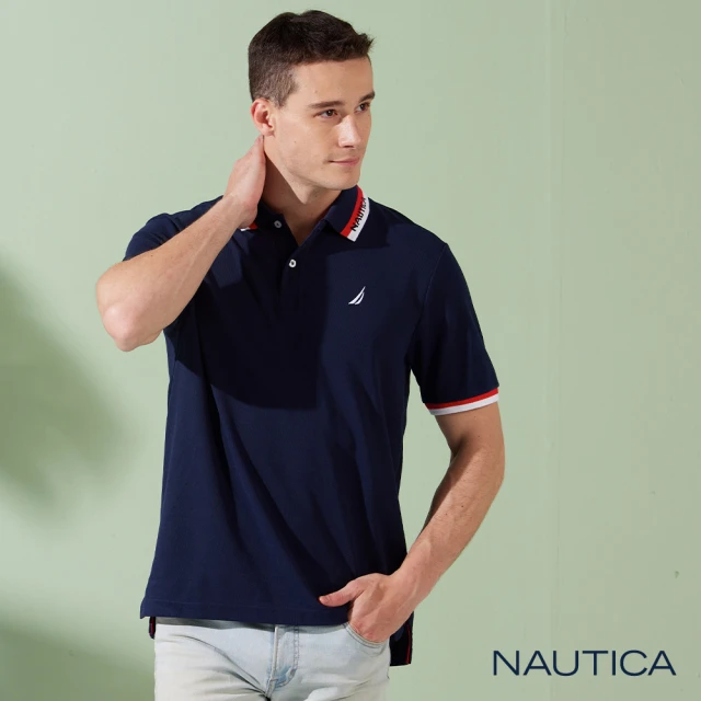 NAUTICA 男裝 撞色拼接條紋拉鍊短袖POLO衫(黑色)