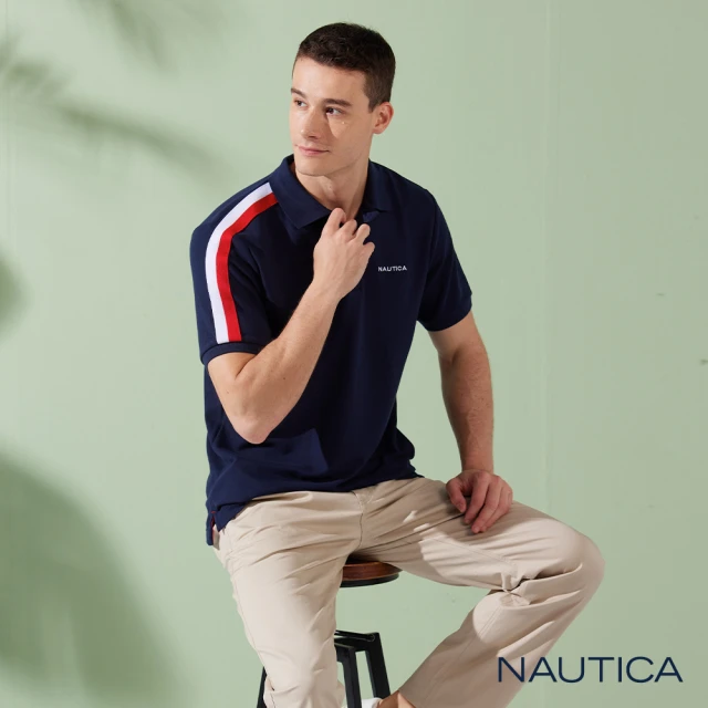 NAUTICA 男裝 撞色拼接條紋拉鍊短袖POLO衫(黑色)