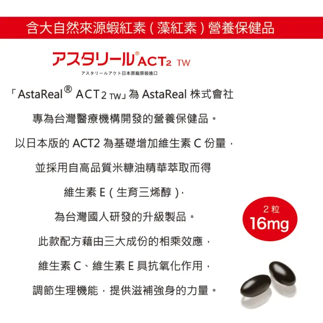 【AstaReal 愛施達力】AstaReal ACT2(60粒/瓶-獨家蝦紅素比例配方)
