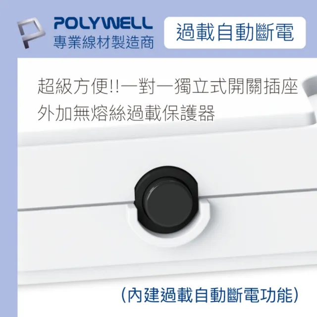 【POLYWELL】電源延長線 4切4座 2P /12尺