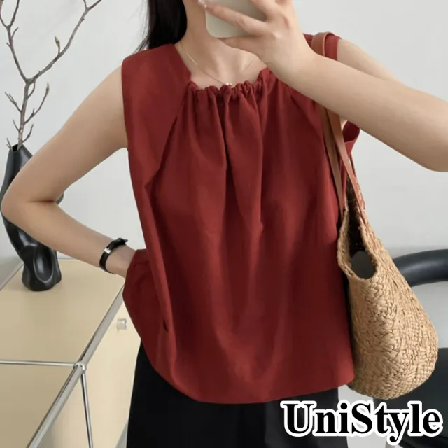 【UniStyle】棉麻無袖背心 韓版復古方領褶皺上衣 女 WT2553(紅)
