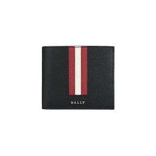 【BALLY】TVEYE 銀字金屬LOGO紅白條紋粒面牛皮10卡對折短夾(黑)