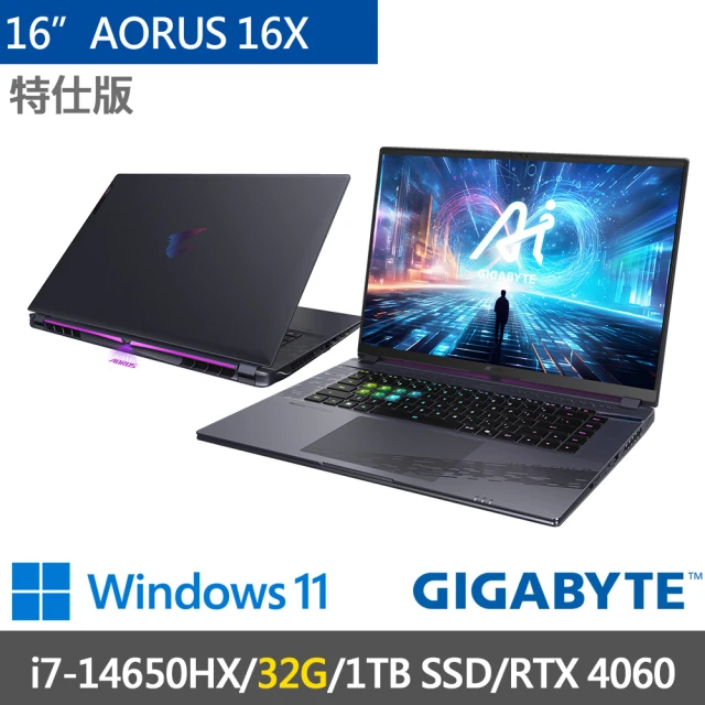 GIGABYTE 技嘉 16吋i7 RTX4060電競特仕筆電(AORUS 16X AKG-53TWC54SH-SP4/i7-14650HX/32G/1TB SSD/W11)