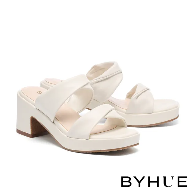 【BYHUE】韓系質感反摺雙寬帶軟羊皮軟芯方頭高跟拖鞋(米白)