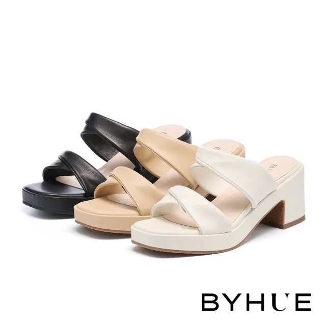 【BYHUE】韓系質感反摺雙寬帶軟羊皮軟芯方頭高跟拖鞋(黑)